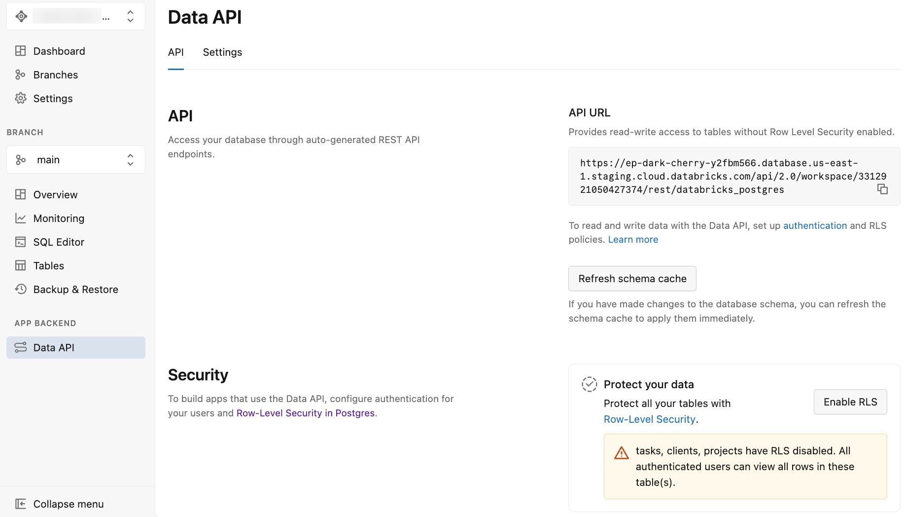 API URL とセキュリティ オプションを示すデータ API ページ