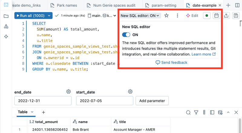 新しいクエリ エディターがオフになっている SQL エディターを示すスクリーンショット