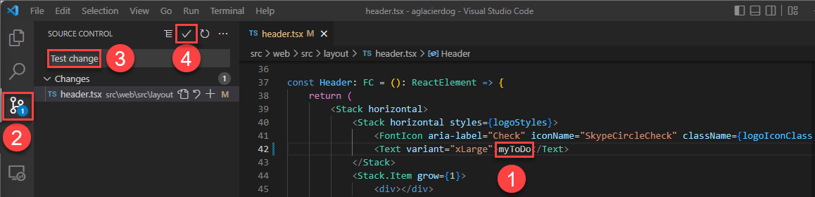 テスト ファイルに変更を加えてコミットするために必要な手順のスクリーンショット。