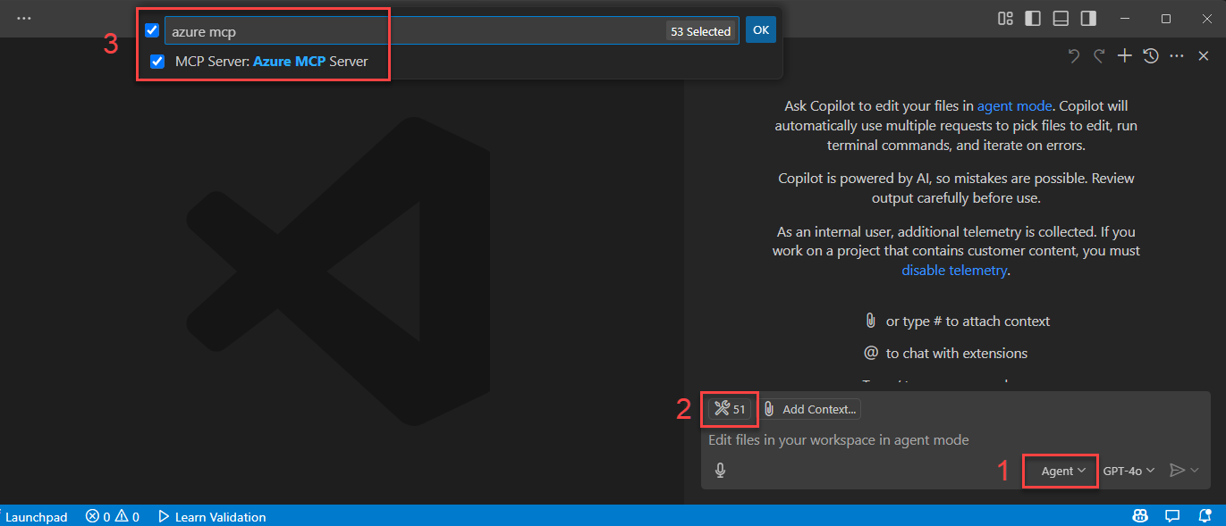 GitHub Copilot ツールとしての Azure MCP Server を示すスクリーンショット。