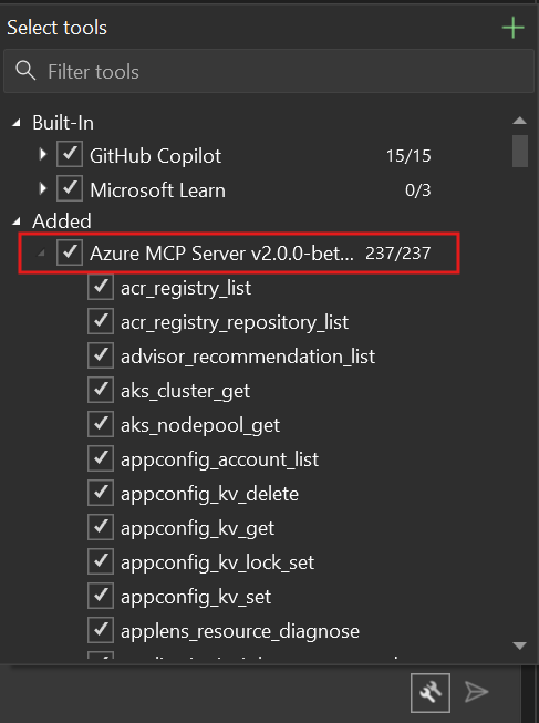 Azure MCP サーバーノードが選択された選択ツールのダイアログを示すスクリーンショット