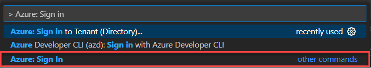 Visual Studio Code で Azure にサインインする方法を示すスクリーンショット。