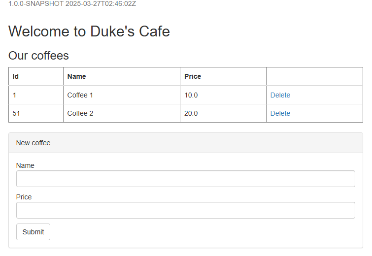 Azure Container Apps に正常にデプロイされた Java Liberty アプリケーションを示すスクリーンショット。