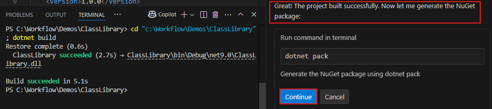 NuGet パッケージを生成するための確認を求めるプロンプトを示すスクリーンショット。