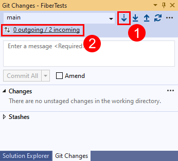 Visual Studio 2019 の [Git の変更] ウィンドウの [フェッチ] ボタンと [受信] リンクのスクリーンショット。