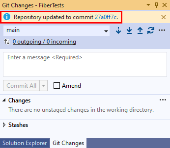 Visual Studio 2019 の [Git の変更] ウィンドウのプル確認メッセージのスクリーンショット。