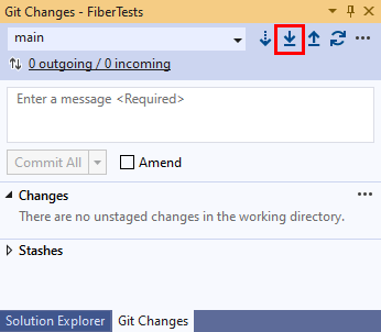 Visual Studio 2019 の [Git の変更] ウィンドウの [プル] ボタンのスクリーンショット。
