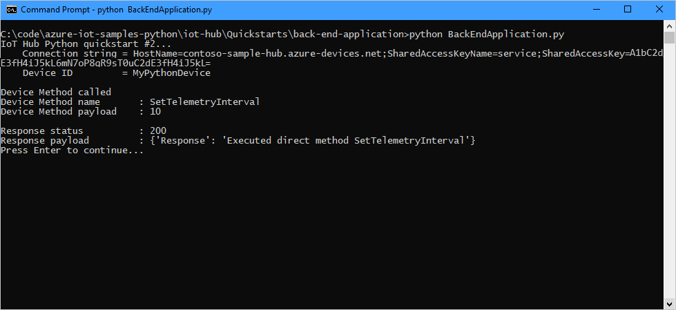 サービス アプリケーションからのダイレクト メソッド呼び出しの結果を示すターミナル ウィンドウのスクリーンショット。