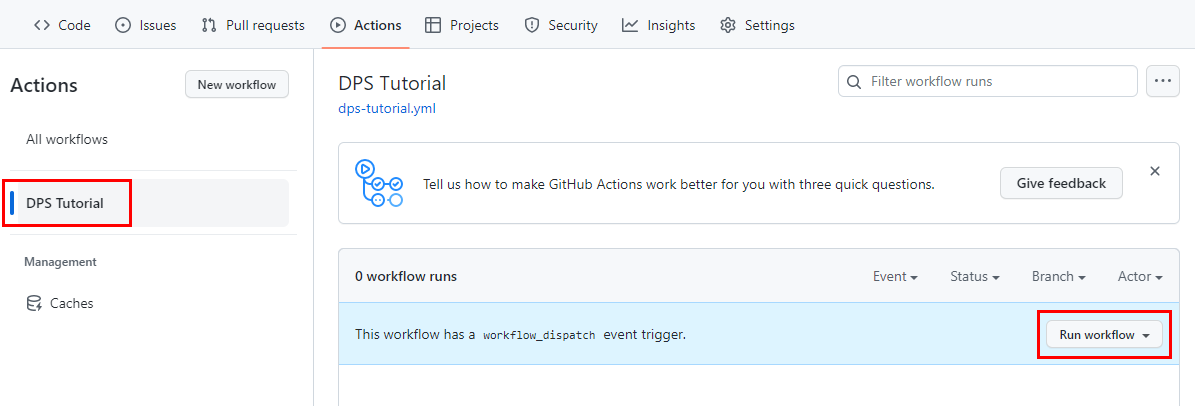 ワークフローを選択して実行できるアクション タブのスクリーンショット。