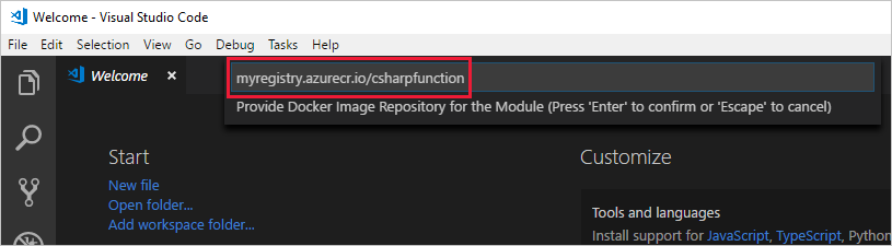 Visual Studio Code に Docker イメージ リポジトリ名を追加する場所を示すスクリーンショット