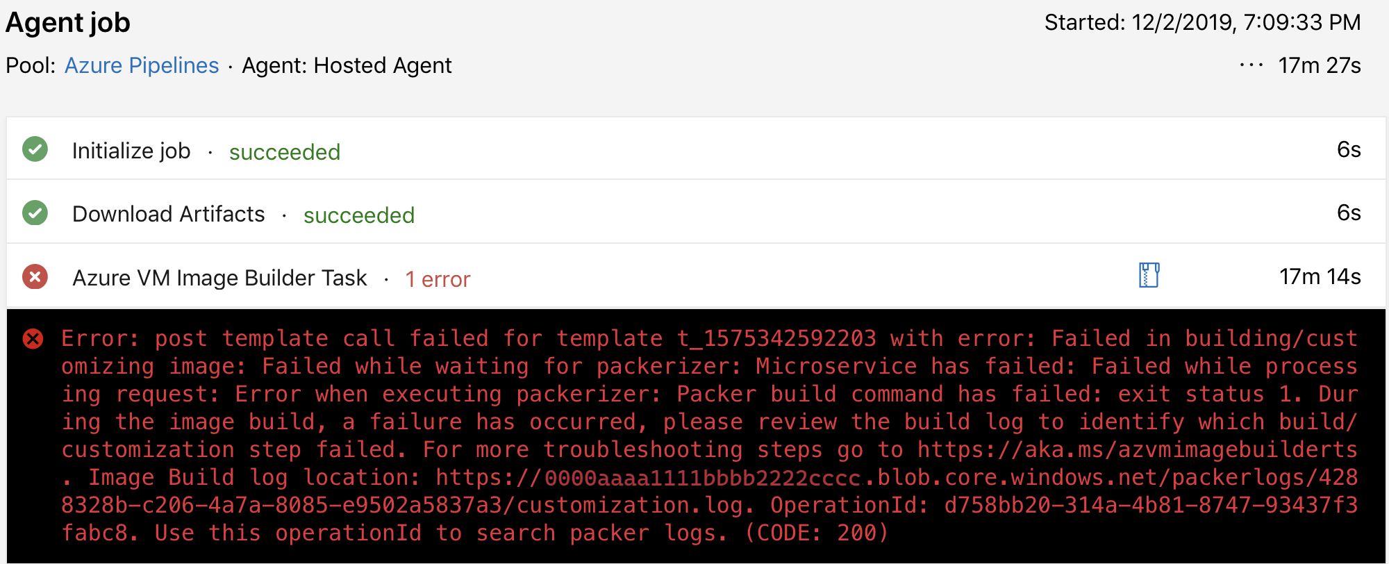 DevOps タスクのエラー例のスクリーンショット。エラー内容の詳細と、customization.log ファイルの場所が記載されています。