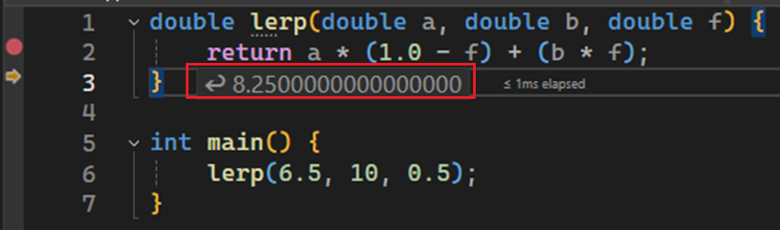 値 8.25 を示すツールチップのスクリーンショット。この値は、ステップオーバーした return ステートメントに続く式の結果です。