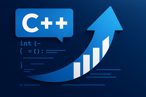 アップグレードの改善を示唆する青い背景に上向きの矢印と抽象コードを含む C++ ロゴ。