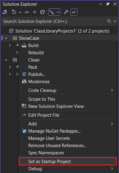 Visual Studioスタートアップ プロジェクトを設定するプロジェクト コンテキスト メニュー