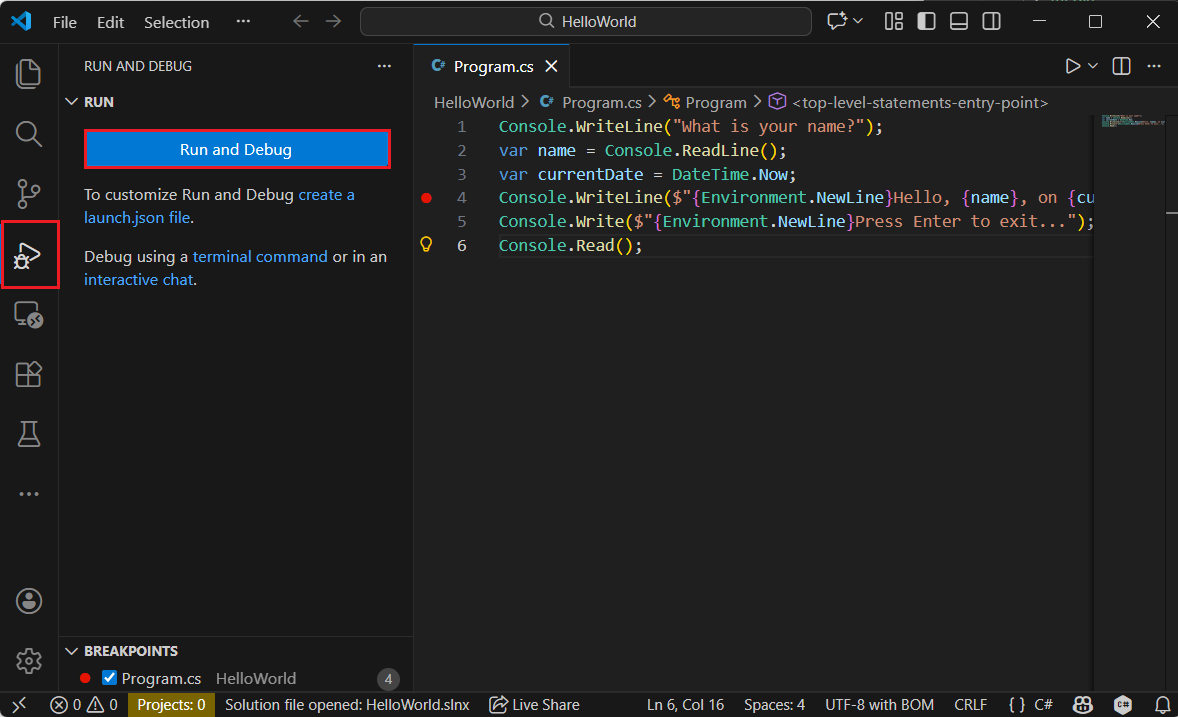 Visual Studio Code で [デバッグ] タブを開きます