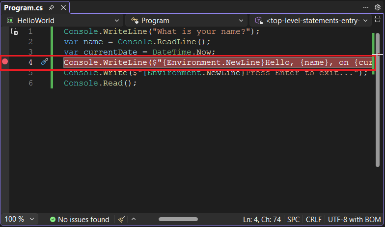 Visual Studio ブレークポイントが設定されたプログラム ウィンドウ