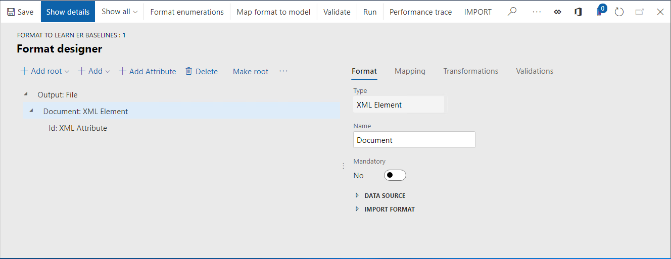 ツリーで Id XML 属性が選択された Document XML 要素を示す書式デザイナーのスクリーンショット。