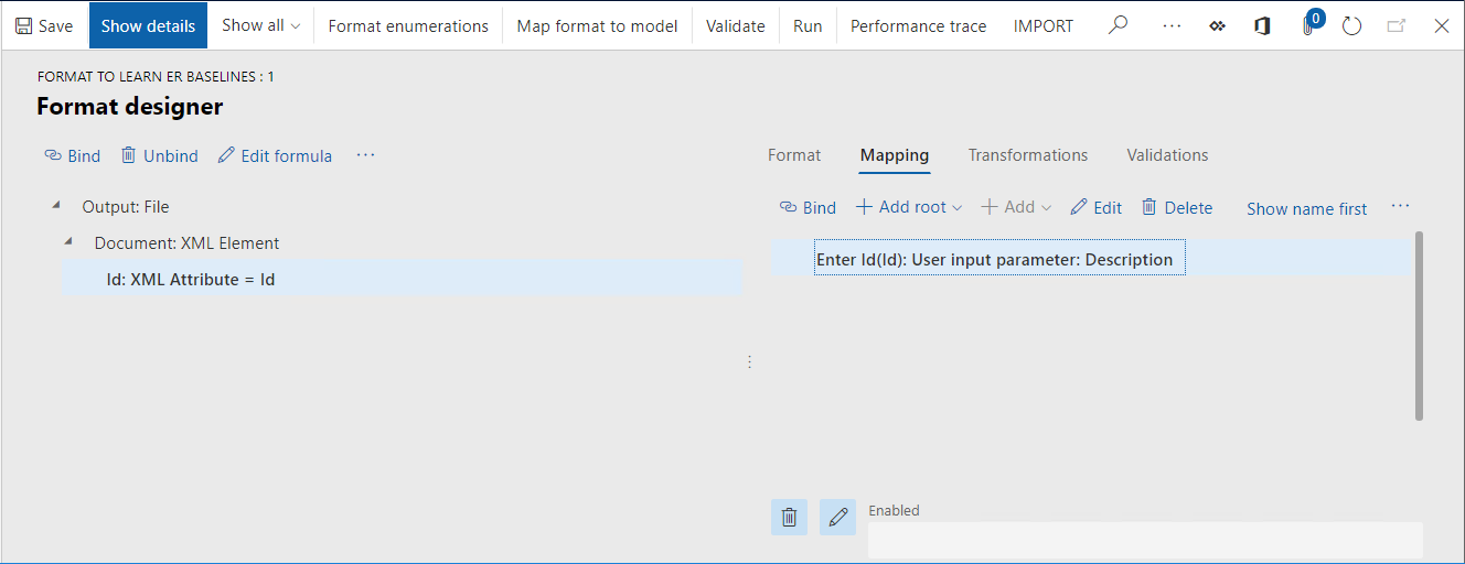 Id XML 属性がユーザー入力パラメーターの説明にバインドされている [書式デザイナーのマッピング] タブのスクリーンショット。