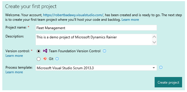 Azure DevOps の [最初のプロジェクトの作成] ダイアログのスクリーンショット。