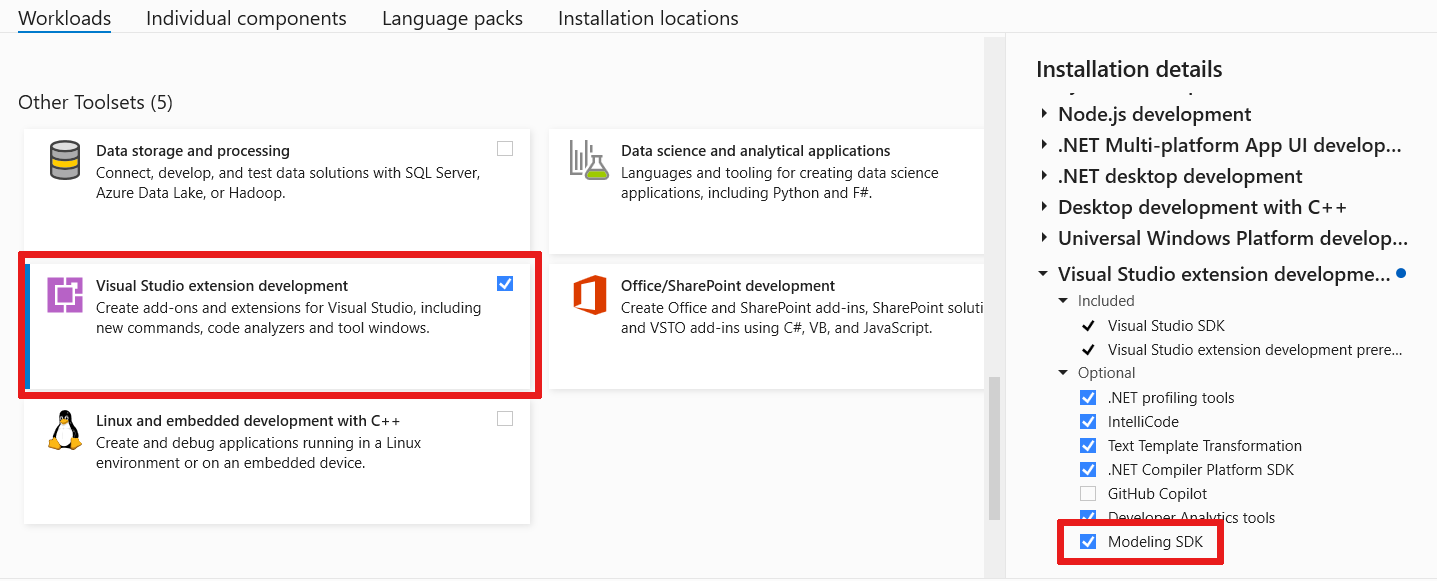 Visual Studio 拡張機能開発ツールセットの場所とモデリング SDK のチェックボックスを示すスクリーンショット。