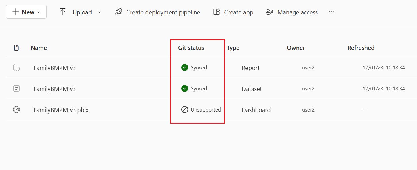 ワークスペース内の項目の Git 状態がアウトライン表示されている場合のスクリーンショット。
