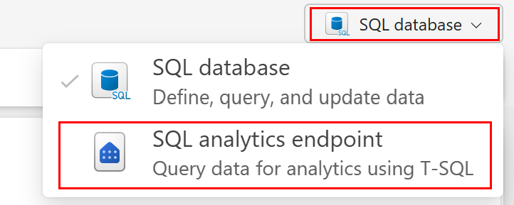 SQL データベースと SQL 分析エンドポイントのオプションを含むクエリ エディターのドロップダウン リストを示す Fabric ポータルのスクリーンショット。