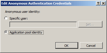 匿名ユーザー ID をアプリケーション プール ID に設定するスクリーンショット。
