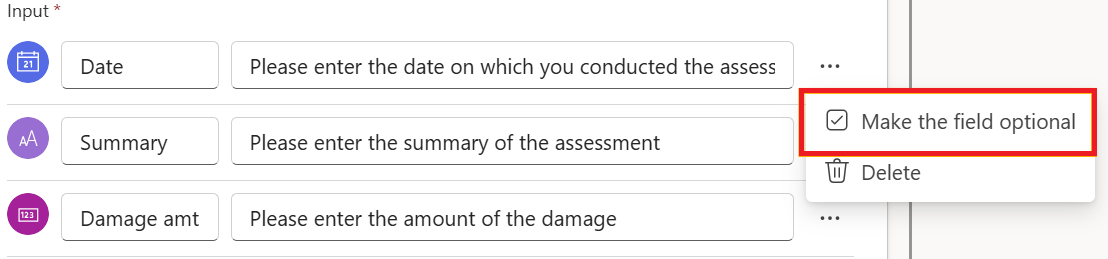 Copilot Studio で入力を省略可能にする画面のスクリーンショット