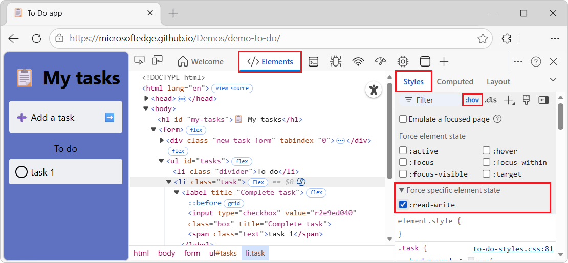 'textarea' 要素の [特定の要素の状態を強制する] セクション