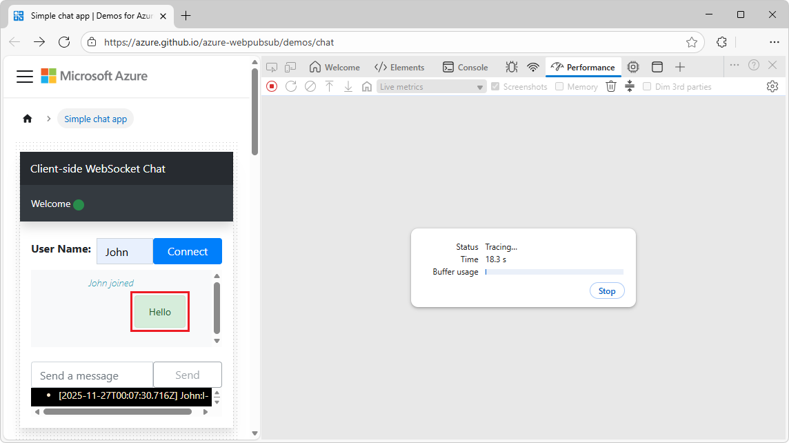 パフォーマンス ツールの WebSocket メッセージ