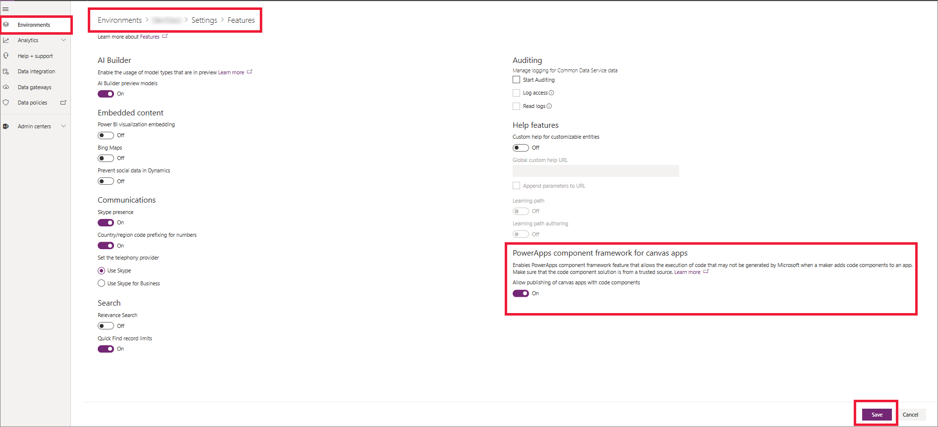 Power Apps コンポーネント フレームワークを有効にする。