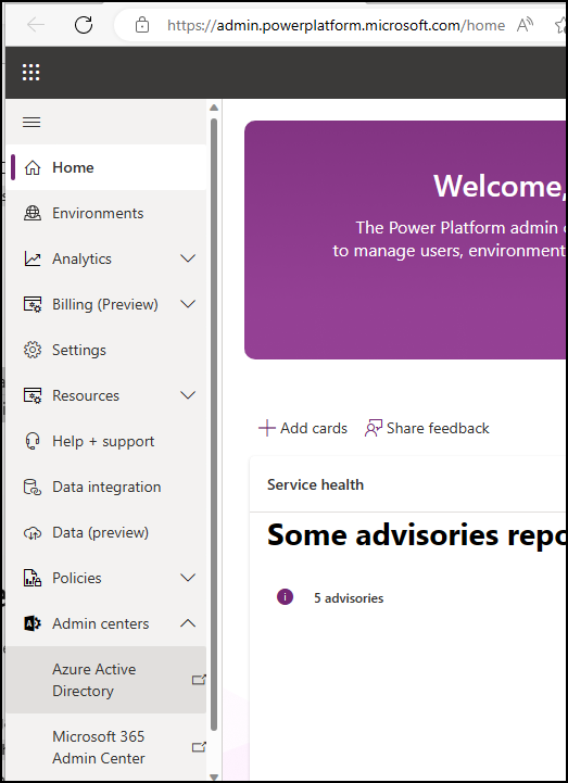 Power Platform 管理センターの Microsoft Entra ID 管理センター