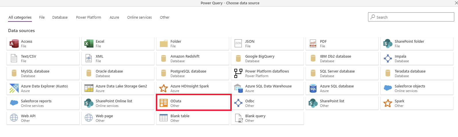 OData コネクタが強調表示されているデータ ソース選択ページのスクリーンショット。