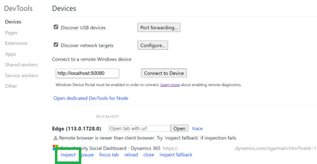 リモート Windows デバイス接続オプションを示す Microsoft Edge DevTools の検査ページのスクリーンショット。