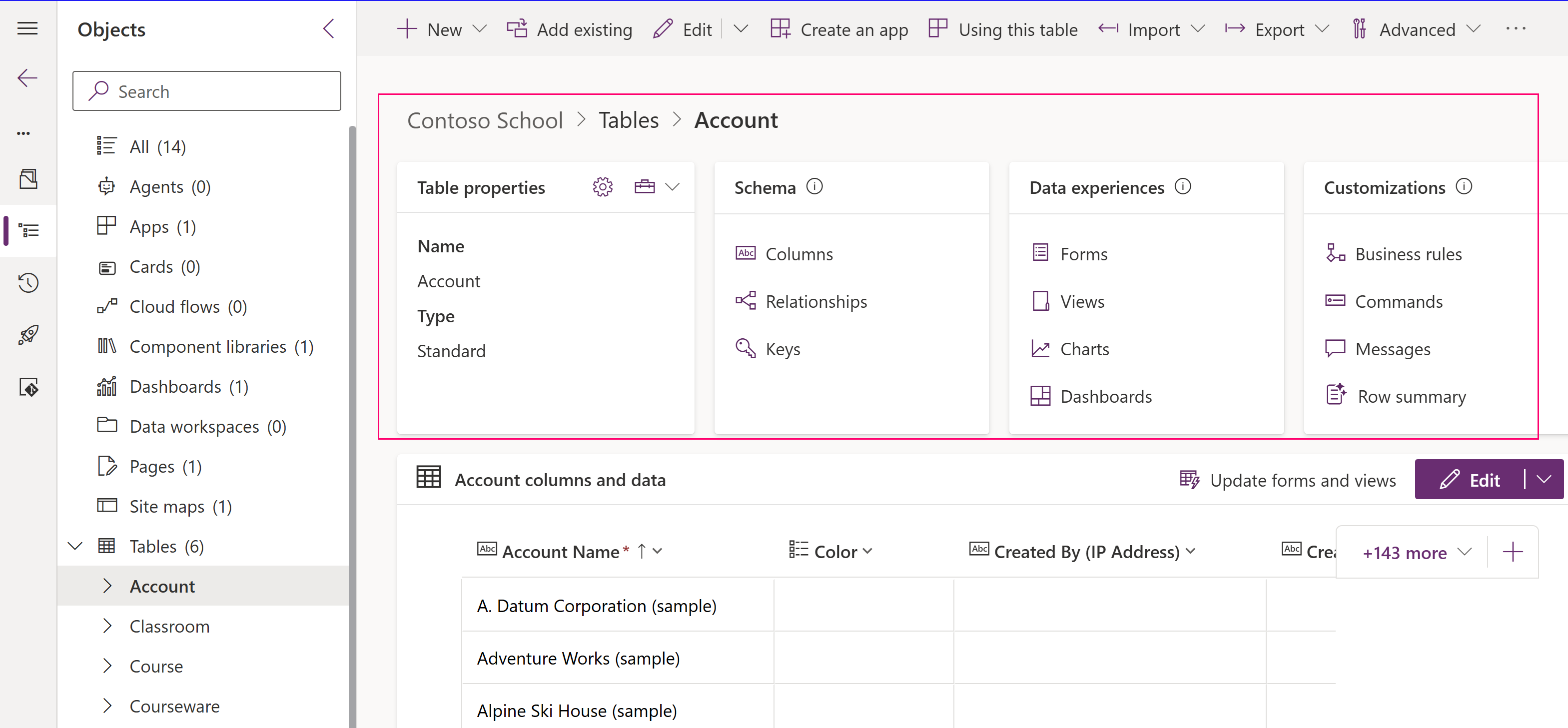 表示するオブジェクトを含むアカウント テーブル