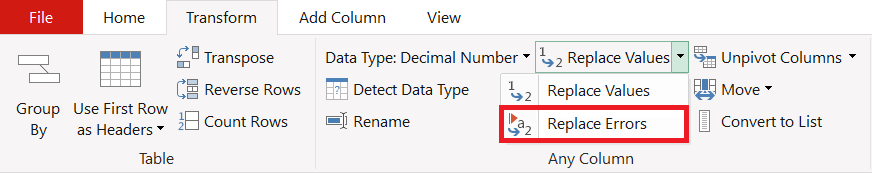 [変換] タブの [置換エラー] ボタンのスクリーンショット。