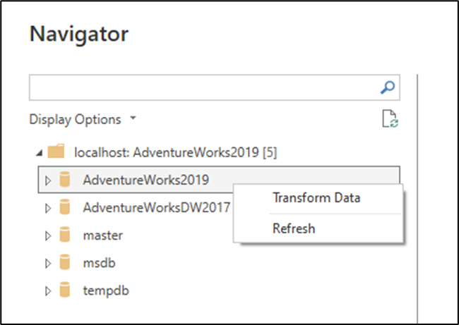 [ナビゲーター] ウィンドウ内のコンテキスト メニューの [データ変換] オプションのスクリーンショット。