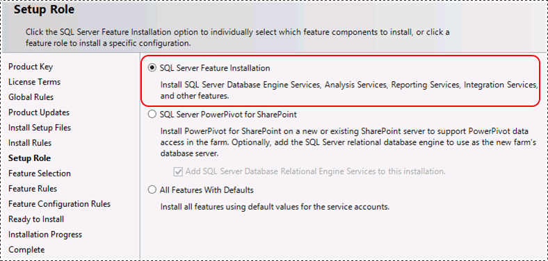 セットアップ ロールのための SQL Server 機能インストール