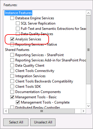 Analysis Services を示すセットアップ機能ツリー