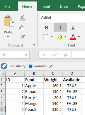 Excel のスクリーンショット。