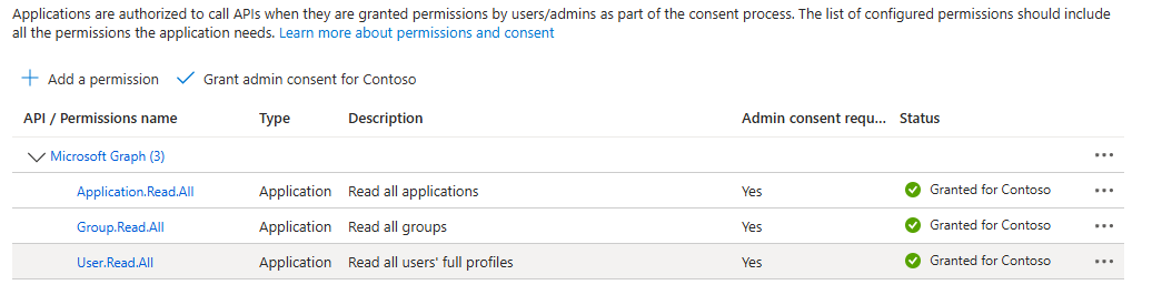 Azure portal で同意を付与する方法を示すスクリーンショット。
