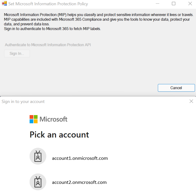  Microsoft Information Protection Policy を設定するための認証プロセスのスクリーンショット