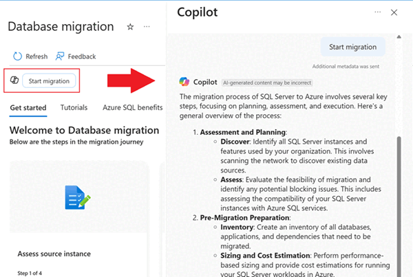 Azure ポータルのデータベース移行ペインにある Copilot 移行開始アイコンを示すスクリーンショット