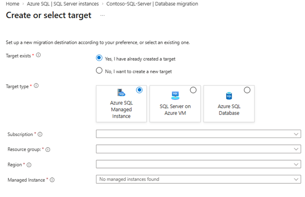 [ターゲットの作成または選択] ウィンドウを示すスクリーンショット。