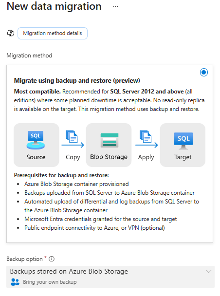 Azure portal の [データの移行] ページのスクリーンショット。