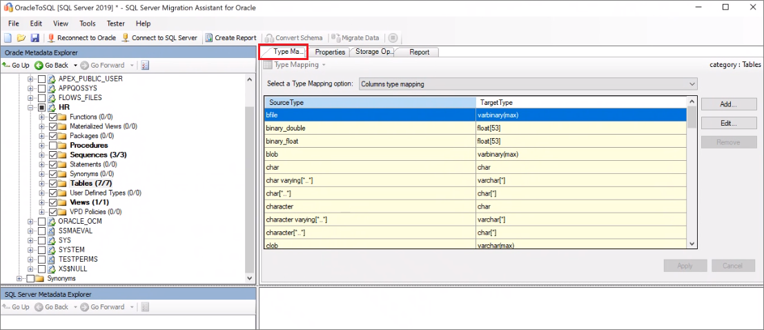SSMA for Oracle の [型のマッピング] ペインのスクリーンショット。