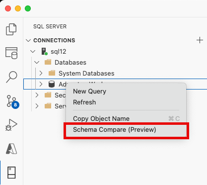 Visual Studio Code オブジェクト エクスプローラーの [スキーマ比較] メニュー項目のスクリーンショット。
