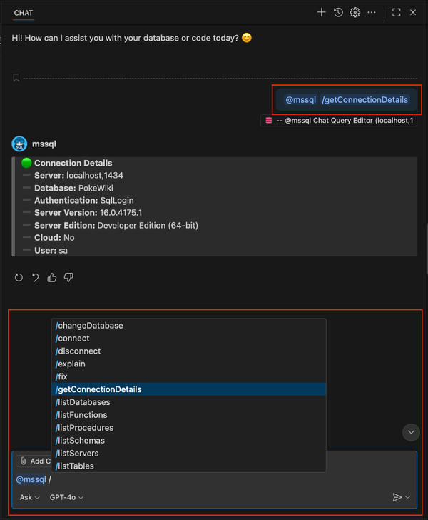 GitHub Copilot チャットでのスラッシュ コマンドの使用例のスクリーンショット。