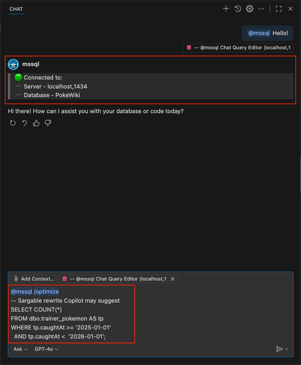 sargable クエリに対する /optimize スラッシュコマンドの提案を示すスクリーンショット。