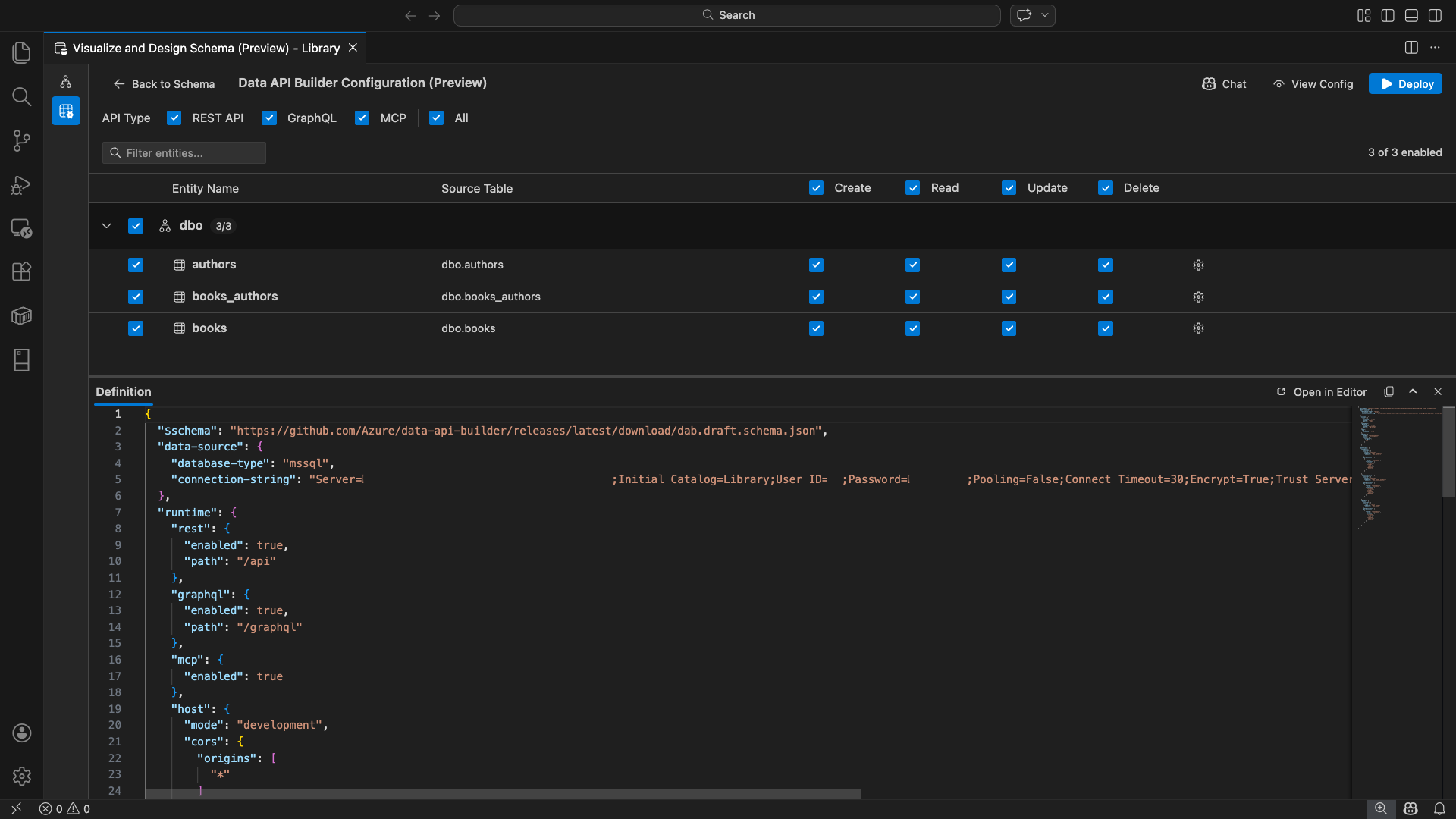 Visual Studio Code のエンティティ一覧と CRUD チェック ボックスを含むデータ API ビルダー UI のスクリーンショット。